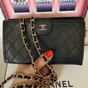 CHANEL Black Quilted Leather CC Logo Long Wallet on Chain